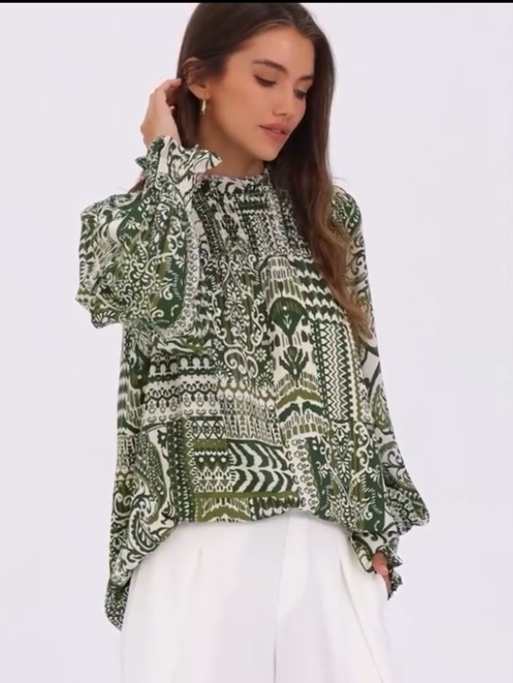 Fashion Boho Multiprint High Neck Ruffle Smocked Long Sleeve Blouse. Size S